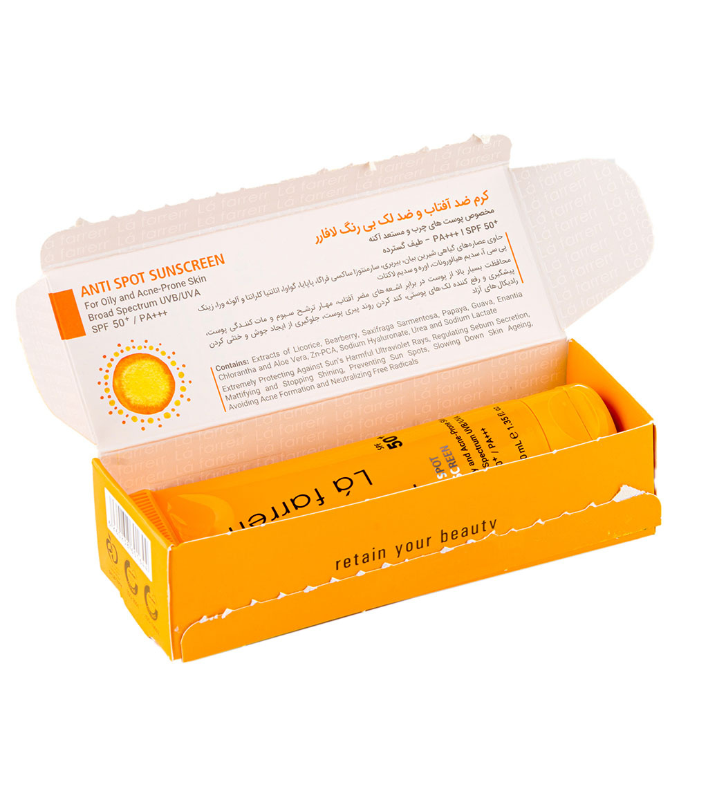 کرم ضد آفتاب و ضد لک SPF 50 بدون رنگ پوست چرب و آکنه دار لافارر